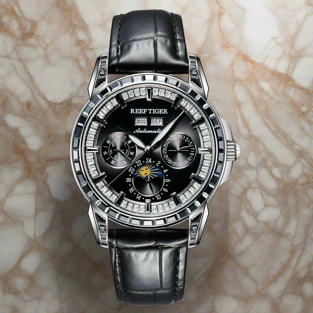 automatic moonphase  watch by reef tiger diamonds bezel, blue dial,yt