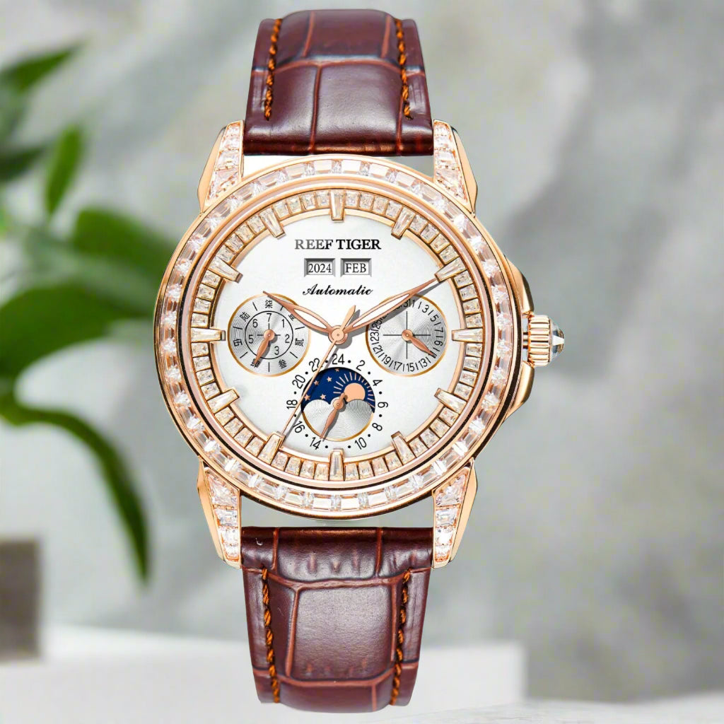 automatic moonphase  watch by reef tiger diamonds bezel, blue dial,hh
