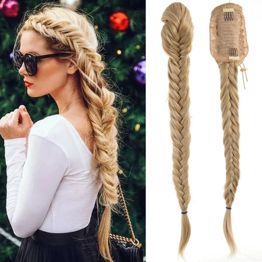 fishbone braid ponytail extensions – 24 inch synthetic curly drawstring hairpiece for women,h