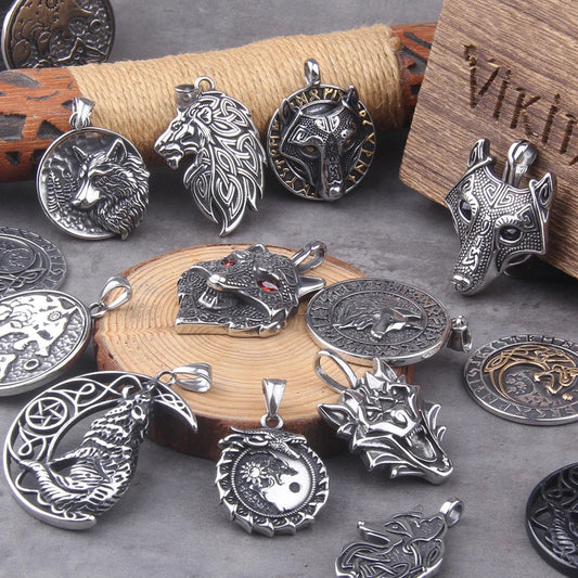 stainless steel chain viking necklace full animal style with wolf dragon and skull